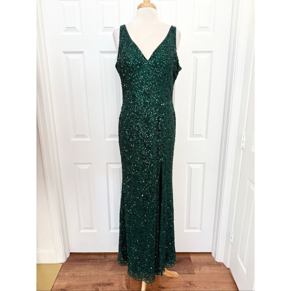 Mac Duggal V-Neck Low V Back Emerald Beaded High Slit Sequin Gown 12